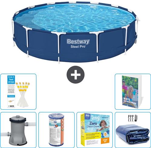 Bestway Rond Steel Pro Zwembad - 396 x 84 cm - Blauw - Inclusief Pomp - Filter - Onderhoudspakket - Solarzeil - 7-delig