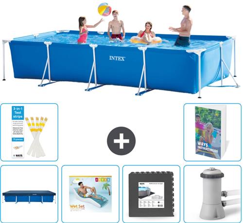Intex Rechthoekig Frame Zwembad - 450 x 220 x 84 cm - Blauw - Inclusief Afdekzeil - Loungebed - Vloertegels - Zwembadfilterpomp - 7-delig