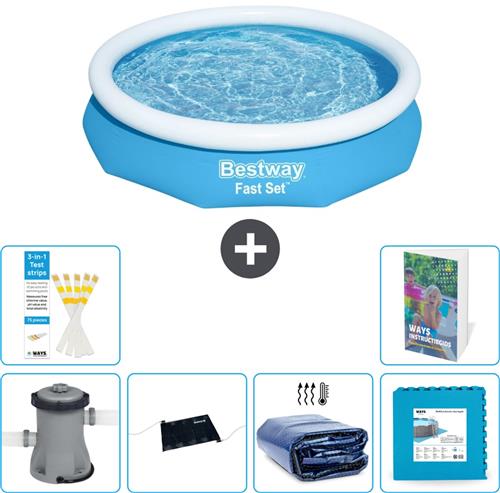 Bestway Rond Opblaasbaar Fast Set Zwembad - 305 x 66 cm - Blauw - Inclusief Pomp - Solar Mat - Solarzeil - Vloertegels - 7-delig