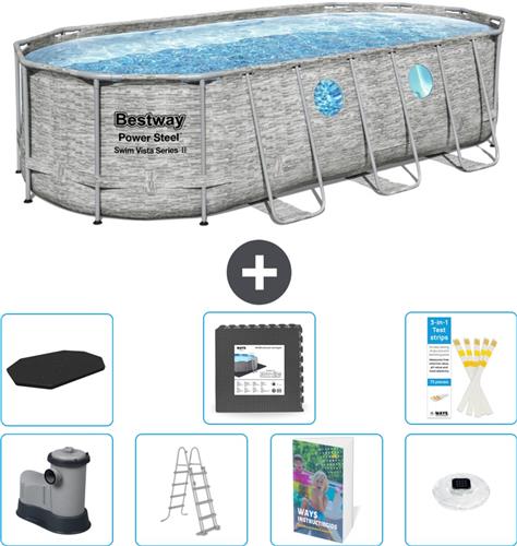Bestway Ovaal Power Steel Swim Vista Zwembad - Steenprint - 549 x 274 x 122 - Inclusief Pomp - Ladder - Afdekzeil - Vloertegels - Verlichting - 8-delig