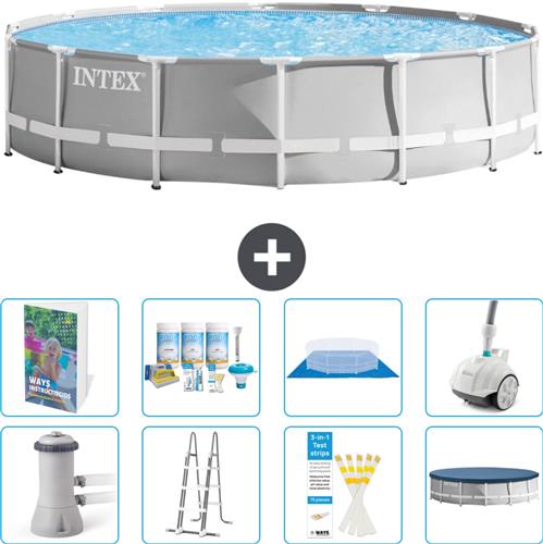 Intex Rond Prism Frame Zwembad - 427 x 107 cm - Grijs - Inclusief Pomp - Ladder - Grondzeil - Afdekzeil - Onderhoudspakket - Stofzuiger - 9-delig