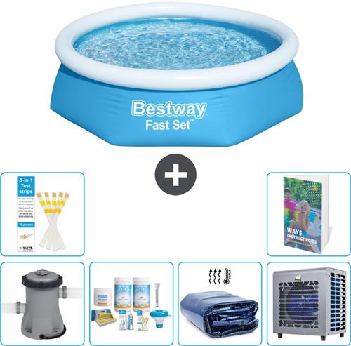 Bestway Rond Opblaasbaar Fast Set Zwembad - 244 x 61 cm - Blauw - Inclusief Pomp - Onderhoudspakket - Solarzeil - Warmtepomp - 7-delig