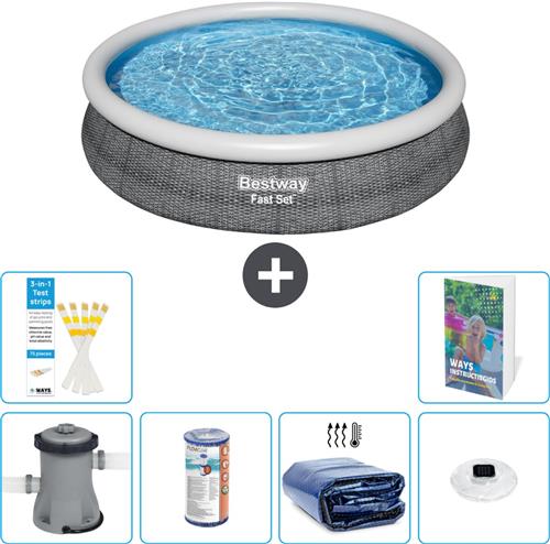 Bestway Rond Opblaasbaar Fast Set Zwembad - Rotanprint - 366 x 76 cm - Inclusief Pomp - Filter - Solarzeil - Verlichting - 7-delig