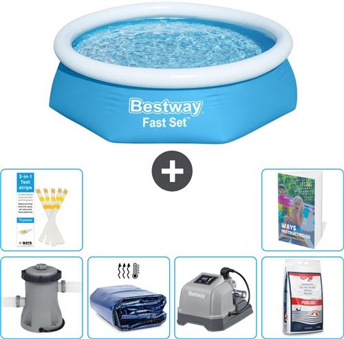 Bestway Rond Opblaasbaar Fast Set Zwembad - 244 x 61 cm - Blauw - Inclusief Pomp - Solarzeil - Zoutwatersysteem - Zwembadzout - 7-delig