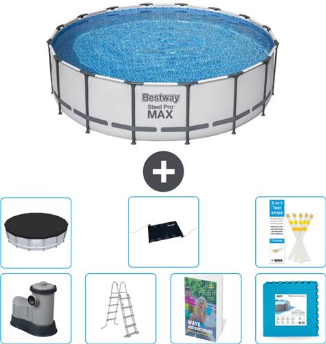 Bestway Rond Steel Pro MAX Zwembad - 488 x 122 cm - Grijs - Inclusief Pomp - Ladder - Afdekzeil - Solar Mat - Vloertegels - 8-delig