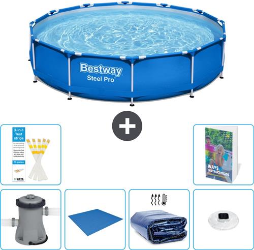 Bestway Rond Steel Pro Zwembad - 366 x 76 cm - Blauw - Inclusief Pomp - Grondzeil - Solarzeil - Verlichting - 7-delig