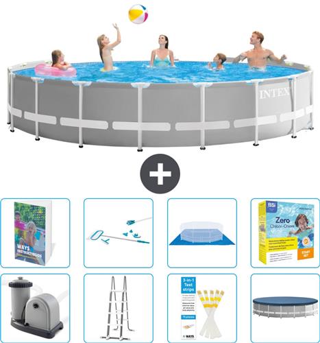 Intex Rond Prism Frame Zwembad - 548 x 122 cm - Grijs - Inclusief Pomp - Ladder - Grondzeil - Afdekzeil - Schoonmaakset - Onderhoudspakket - 9-delig