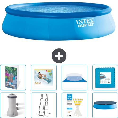 Intex Rond Opblaasbaar Easy Set Zwembad - 457 x 107 cm - Blauw - Inclusief Pomp - Ladder - Grondzeil - Afdekzeil - Loungebed - Vloertegels - 9-delig