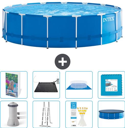 Intex Rond Frame Zwembad - 457 x 122 cm - Blauw - Inclusief Pomp - Ladder - Grondzeil - Afdekzeil - Solar Mat - Vloertegels - 9-delig