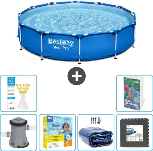 Bestway Rond Steel Pro Zwembad - 366 x 76 cm - Blauw - Inclusief Pomp - Onderhoudspakket - Solarzeil - Vloertegels - 7-delig