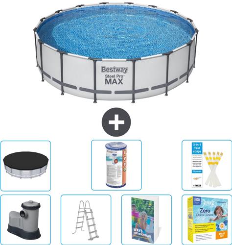 Bestway Rond Steel Pro MAX Zwembad - 488 x 122 cm - Grijs - Inclusief Pomp - Ladder - Afdekzeil - Filter - Onderhoudspakket - 8-delig