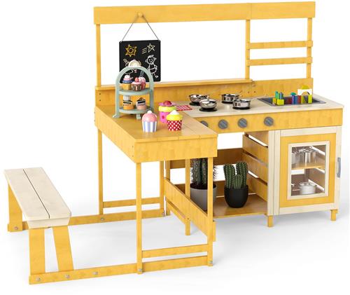 COSTWAY Modderkeuken met picknicktafel en bank, Kinderkeuken van vurenhout met dessertaccessoires, keukengerei en bord, Speelkeuken buiten voor kinderen vanaf 3 jaar, Geel