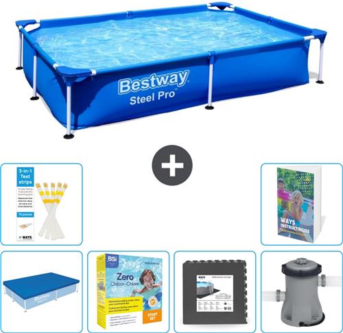 Bestway Rechthoekig Steel Pro Zwembad - 221 x 150 x 43 cm - Blauw - Inclusief Afdekzeil - Onderhoudspakket - Vloertegels - Zwembadfilterpomp - 7-delig