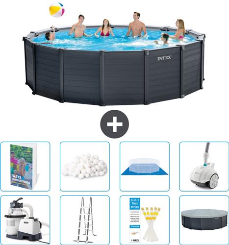 Intex Rond Graphite Gray Panel Zwembad - 478 x 124 cm - Inclusief Pomp - Ladder - Grondzeil - Afdekzeil - Filterbollen - Stofzuiger - 9-delig