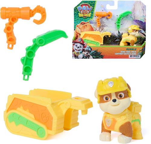 PAW Patrol - De Dino Film - Rubble Dino-gereedschapsset, actiefiguur van 5 cm met koppelbare reddingstrailer en 2 verwisselbare gereedschappen