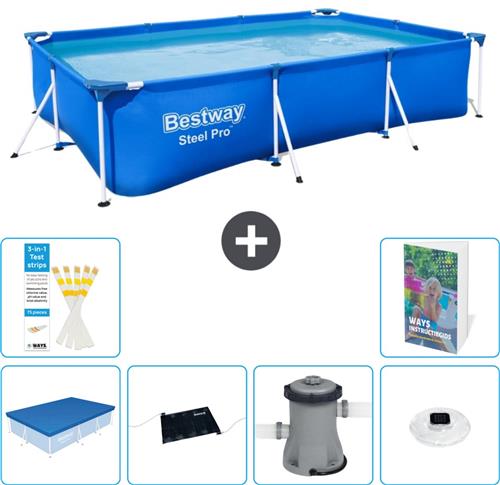 Bestway Rechthoekig Steel Pro Zwembad - 300 x 201 x 66 cm - Blauw - Inclusief Afdekzeil - Solar Mat - Zwembadfilterpomp - Verlichting - 7-delig