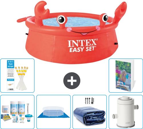 Intex Rond Opblaasbaar Easy Set Zwembad - 183 x 51 cm - Rood - Krab - Inclusief Onderhoudspakket - Grondzeil - Solarzeil - Zwembadfilterpomp - 7-delig