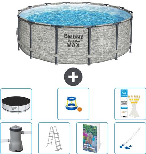 Bestway Rond Steel Pro MAX Zwembad - Steenprint - 427 x 122 cm - Inclusief Pomp - Ladder - Afdekzeil - Speelgoed - Stofzuiger - 8-delig