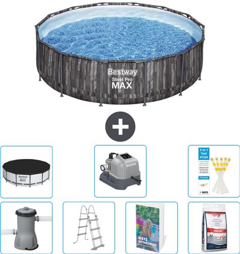Bestway Rond Steel Pro MAX Zwembad - Houtprint - 427 x 107 cm - Inclusief Pomp - Ladder - Afdekzeil - Zoutwatersysteem - Zwembadzout - 8-delig