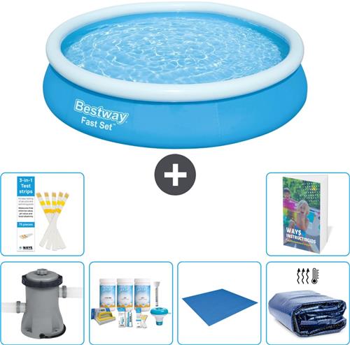 Bestway Rond Opblaasbaar Fast Set Zwembad - 366 x 76 cm - Blauw - Inclusief Pomp - Onderhoudspakket - Grondzeil - Solarzeil - 7-delig