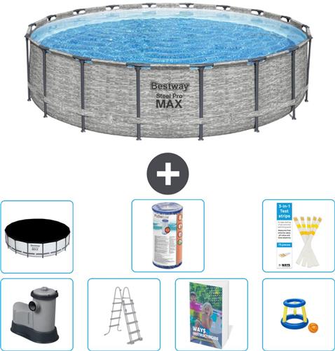 Bestway Rond Steel Pro MAX Zwembad - Steenprint - 549 x 122 - Inclusief Pomp - Ladder - Afdekzeil - Filter - Speelgoed - 8-delig