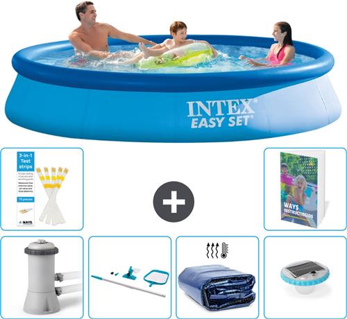 Intex Rond Opblaasbaar Easy Set Zwembad - 366 x 76 cm - Blauw - Inclusief Pomp - Schoonmaakset - Solarzeil - Verlichting - 7-delig