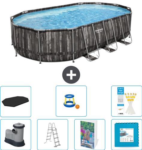 Bestway Ovaal Power Steel Zwembad - 610 x 366 x 122 - Grijs - Inclusief Pomp - Ladder - Afdekzeil - Speelgoed - Vloertegels - 8-delig