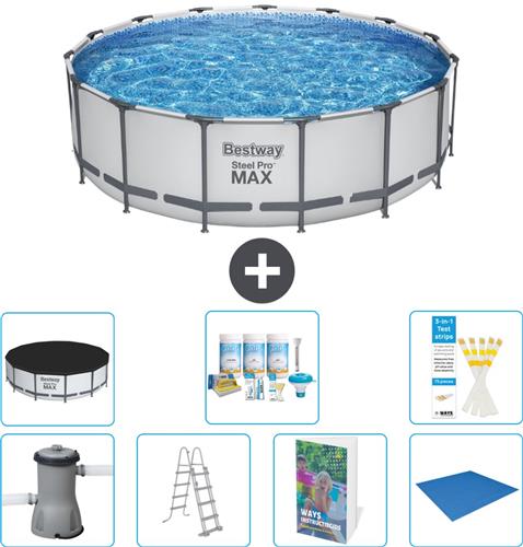 Bestway Rond Steel Pro MAX Zwembad - 457 x 122 cm - Grijs - Inclusief Pomp - Ladder - Afdekzeil - Onderhoudspakket - Grondzeil - 8-delig