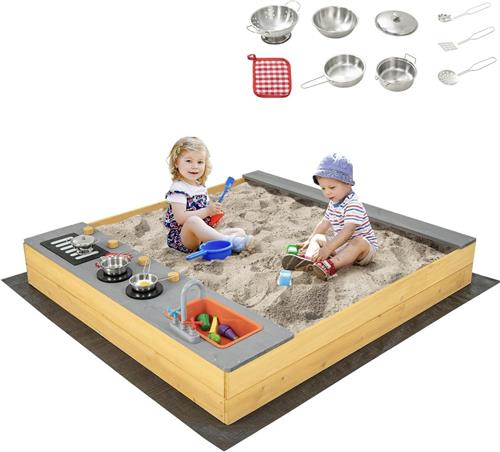 COSTWAY Houten Zandbak - 135 x 125 x 20 cm - Met speelkeuken