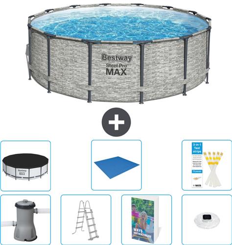 Bestway Rond Steel Pro MAX Zwembad - Steenprint - 427 x 122 cm - Inclusief Pomp - Ladder - Afdekzeil - Grondzeil - Verlichting - 8-delig