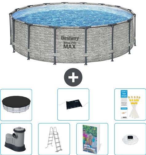 Bestway Rond Steel Pro MAX Zwembad - Steenprint - 488 x 122 cm - Inclusief Pomp - Ladder - Afdekzeil - Solar Mat - Verlichting - 8-delig