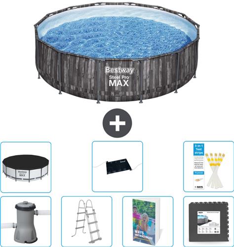 Bestway Rond Steel Pro MAX Zwembad - Houtprint - 427 x 107 cm - Inclusief Pomp - Ladder - Afdekzeil - Solar Mat - Vloertegels - 8-delig