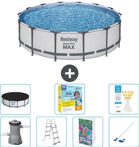 Bestway Rond Steel Pro MAX Zwembad - 427 x 107 cm - Grijs - Inclusief Pomp - Ladder - Afdekzeil - Onderhoudspakket - Stofzuiger - 8-delig