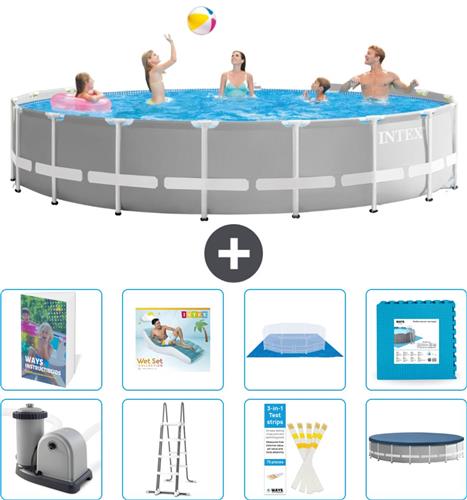 Intex Rond Prism Frame Zwembad - 548 x 122 cm - Grijs - Inclusief Pomp - Ladder - Grondzeil - Afdekzeil - Loungebed - Vloertegels - 9-delig