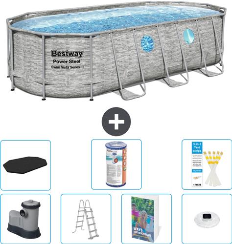 Bestway Ovaal Power Steel Swim Vista Zwembad - Steenprint - 549 x 274 x 122 - Inclusief Pomp - Ladder - Afdekzeil - Filter - Verlichting - 8-delig