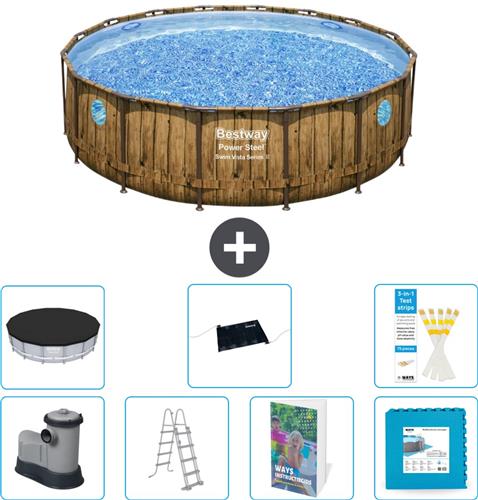 Bestway Rond Power Steel Swim Vista Zwembad - Houtprint - 488 x 122 - Inclusief Pomp - Ladder - Afdekzeil - Solar Mat - Vloertegels - 8-delig