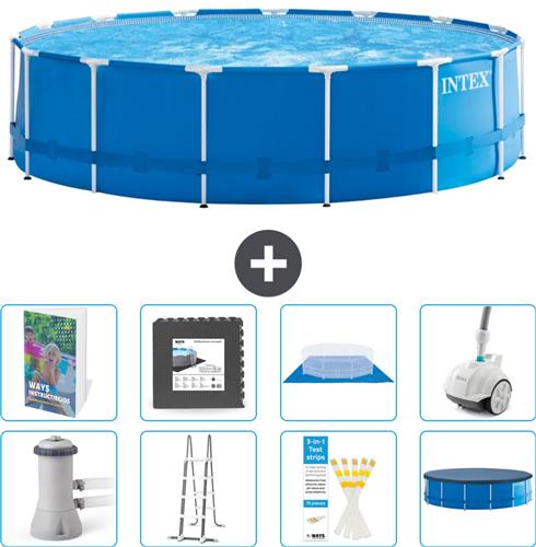 Intex Rond Frame Zwembad - 457 x 122 cm - Blauw - Inclusief Pomp - Ladder - Grondzeil - Afdekzeil - Vloertegels - Stofzuiger - 9-delig