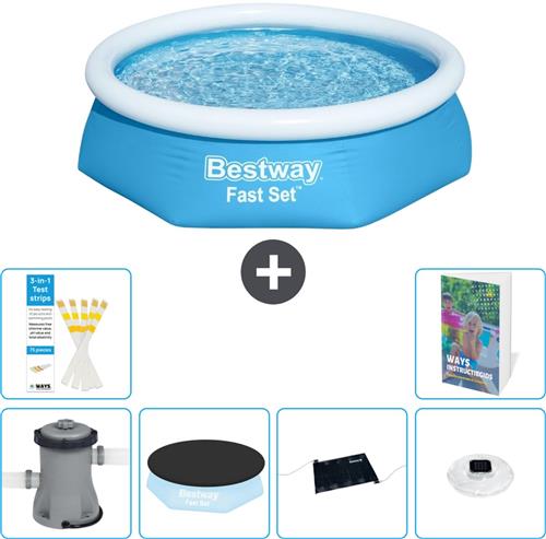 Bestway Rond Opblaasbaar Fast Set Zwembad - 244 x 61 cm - Blauw - Inclusief Pomp - Afdekzeil - Solar Mat - Verlichting - 7-delig