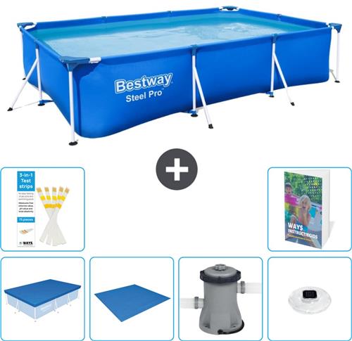 Bestway Rechthoekig Steel Pro Zwembad - 300 x 201 x 66 cm - Blauw - Inclusief Afdekzeil - Grondzeil - Zwembadfilterpomp - Verlichting - 7-delig