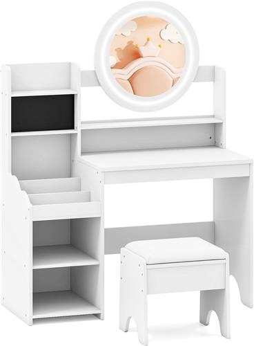 COSTWAY Kindermake-up tafel met verlichting, kindermake-up tafel met spiegel, planken & gevoerde kruk, prinsessenkaptafel van hout, make-up commode voor meisjes vanaf 3 jaar (Wit)