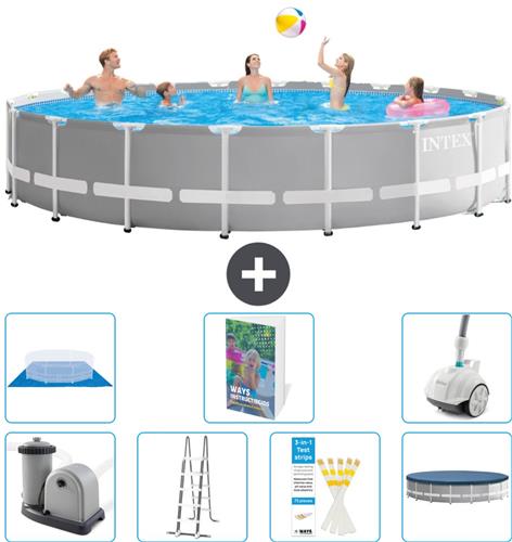Intex Rond Prism Frame Zwembad - 610 x 132 cm - Grijs - Inclusief Pomp - Ladder - Grondzeil - Afdekzeil - Stofzuiger - 8-delig