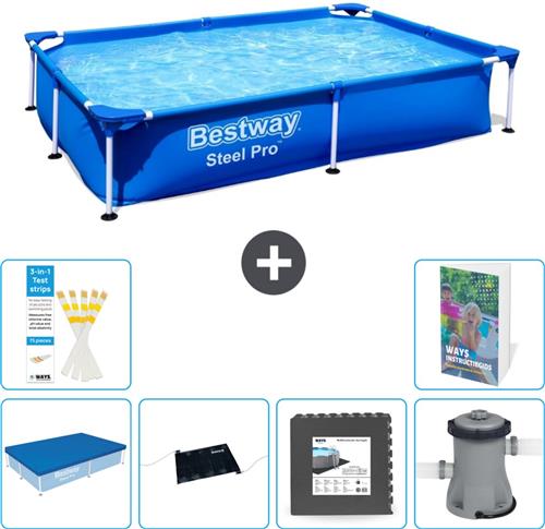 Bestway Rechthoekig Steel Pro Zwembad - 221 x 150 x 43 cm - Blauw - Inclusief Afdekzeil - Solar Mat - Vloertegels - Zwembadfilterpomp - 7-delig