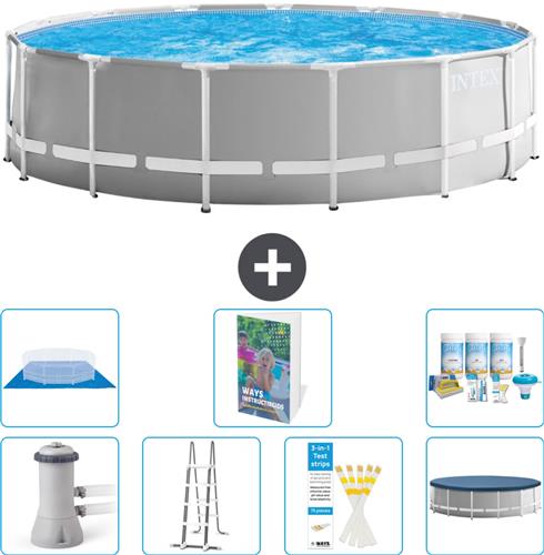 Intex Rond Prism Frame Zwembad - 457 x 122 cm - Grijs - Inclusief Pomp - Ladder - Grondzeil - Afdekzeil - Onderhoudspakket - 8-delig