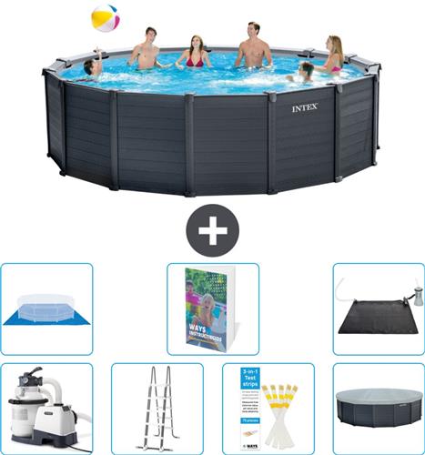Intex Rond Graphite Gray Panel Zwembad - 478 x 124 cm - Inclusief Pomp - Ladder - Grondzeil - Afdekzeil - Solar Mat - 8-delig