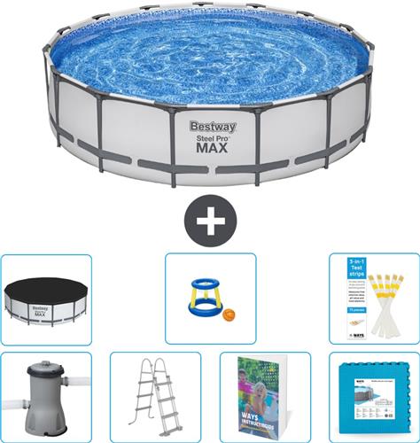 Bestway Rond Steel Pro MAX Zwembad - 457 x 107 cm - Grijs - Inclusief Pomp - Ladder - Afdekzeil - Speelgoed - Vloertegels - 8-delig