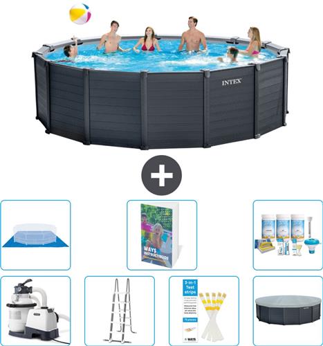 Intex Rond Graphite Gray Panel Zwembad - 478 x 124 cm - Inclusief Pomp - Ladder - Grondzeil - Afdekzeil - Onderhoudspakket - 8-delig