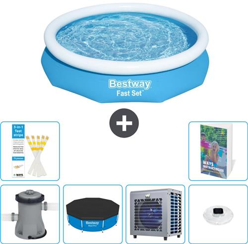 Bestway Rond Opblaasbaar Fast Set Zwembad - 305 x 66 cm - Blauw - Inclusief Pomp - Afdekzeil - Warmtepomp - Verlichting - 7-delig