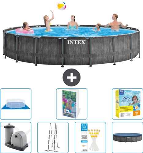 Intex Rond Prism Frame Greywood Zwembad - 549 x 122 cm - Inclusief Pomp - Ladder - Grondzeil - Afdekzeil - Onderhoudspakket - 8-delig