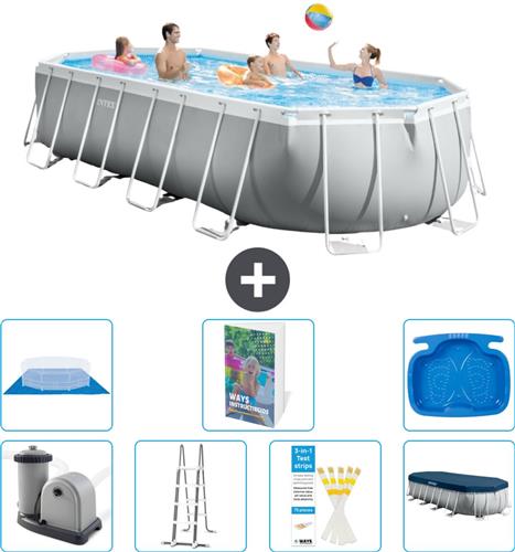 Intex Ovaal Prism Frame Zwembad - 610 x 305 x 122 cm - Grijs - Inclusief Pomp - Ladder - Grondzeil - Afdekzeil - Voetenbad - 8-delig