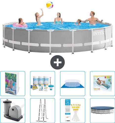 Intex Rond Prism Frame Zwembad - 548 x 122 cm - Grijs - Inclusief Pomp - Ladder - Grondzeil - Afdekzeil - Onderhoudspakket - Loungebed - 9-delig